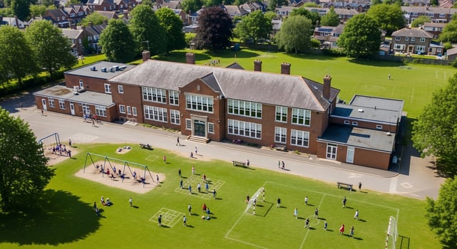 Aerial view of children playing in the schoolyard of a traditional brick schoolhouse photo