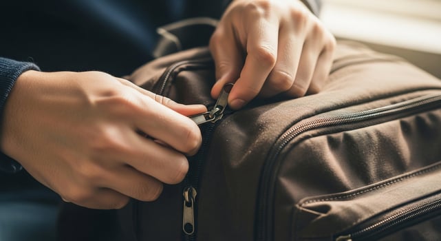 A person is putting a zipper on a brown bag photo