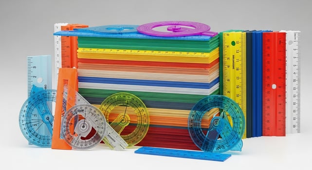A stack of colorful plastic rulers and rulers photo