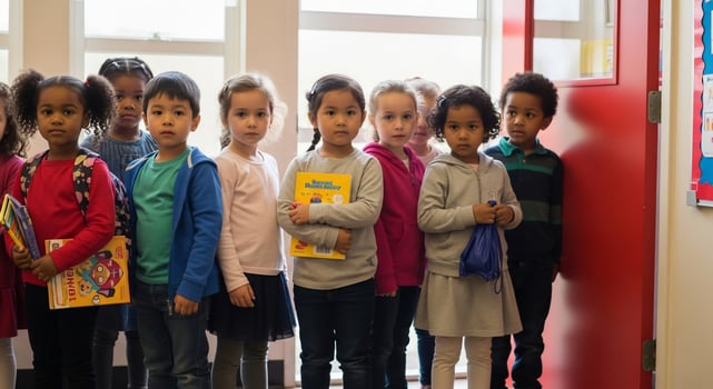 Diverse elementary students stand in line near a red door, holding books and bags. photo