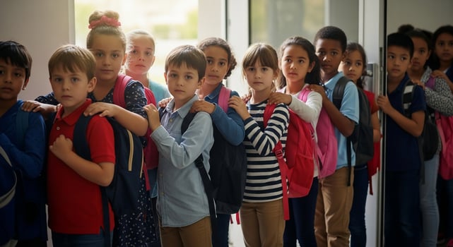 Diverse students stand in line with backpacks, waiting patiently at school photo