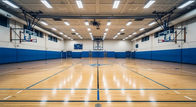 Empty Indoor Basketball Court with Blue Accents and Overhead Lighting Fixtures photo