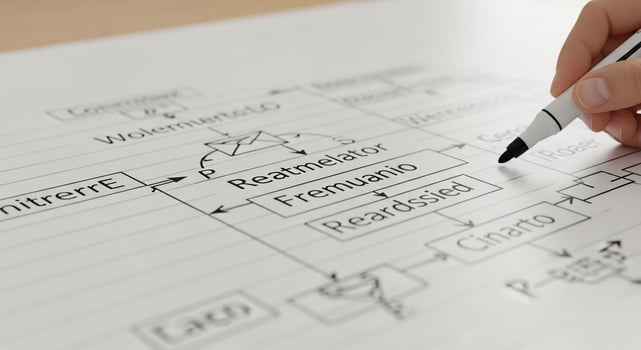 Hand drawing a complex flowchart with black marker on white paper photo