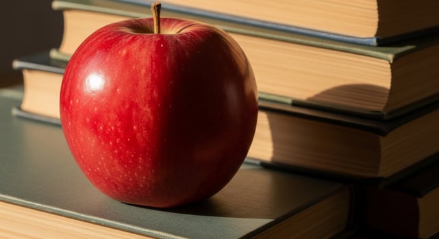 An apple sits on top of a stack of books photo