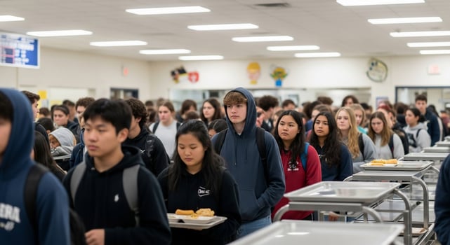 A group of students in a cafeteria line up to eat photo