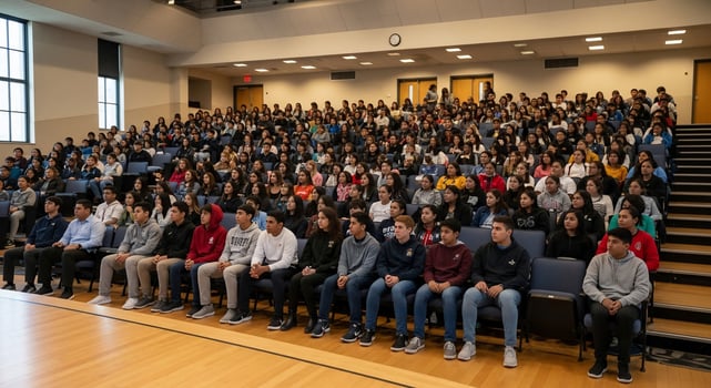 Large auditorium filled with attentive high school students during an assembly photo