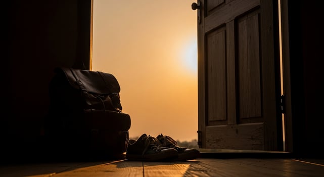 Open Doorway with Backpack and Shoes Silhouetted Against a Golden Sunset photo