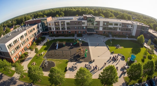 Modern School Building with Playground and Students in Sunny Outdoor Setting photo