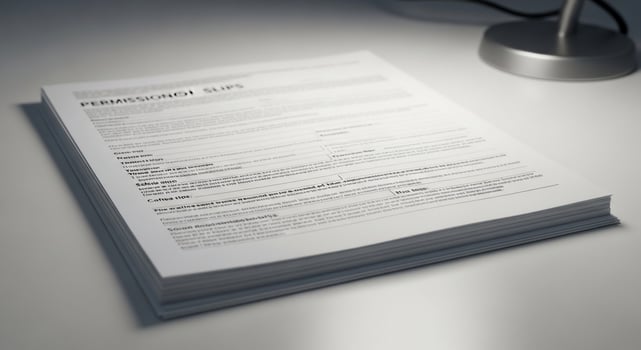 A stack of papers on a desk with a lamp photo