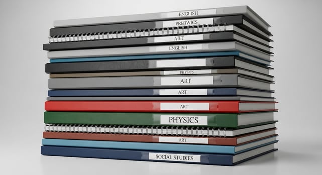 Stacked school binders with subjects like English, Art, Physics, and Social Studies photo