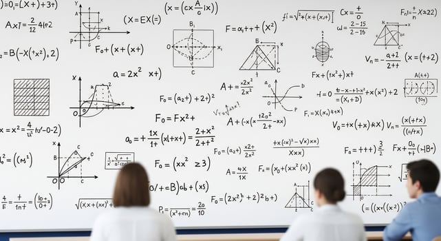 Students Before a Whiteboard Covered with Complex Mathematical Equations and Diagrams photo