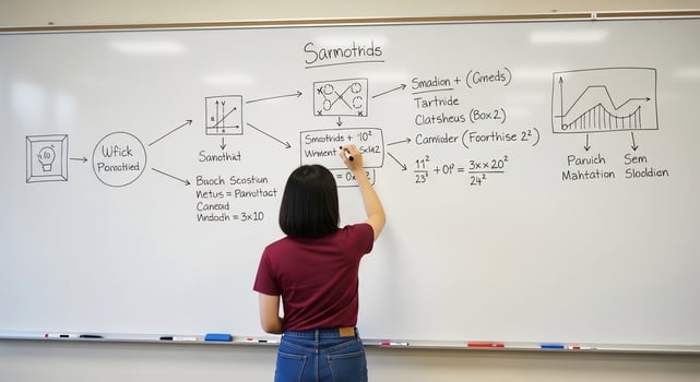 Student at whiteboard diagramming Sarmotrids with complex equations and flowcharts photo