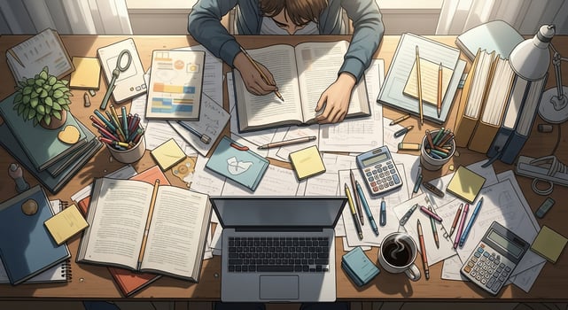 An overhead view of a person sitting at a desk with a laptop and papers photo