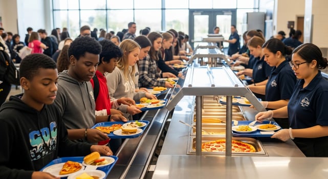 Students lining up for lunch in a brightly lit school cafeteria with food choices photo