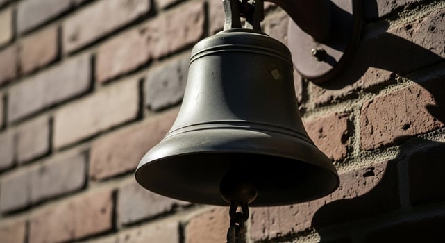 A bell is hanging on a brick wall photo