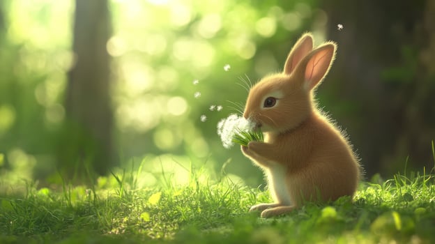 Cute bunny, light-filled forest, enjoying a dandelion photo