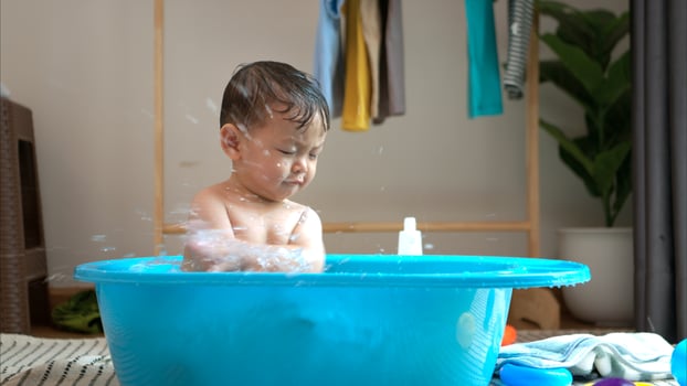 Mom and little child with taking a shower and dressing at home in the morning,339 photo