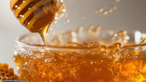 Honey is being poured into a glass photo