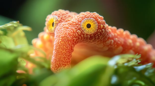 Close-up of a vibrant orange-pink, bumpy creature with large, yellow eyes, nestled among vibrant green foliage photo