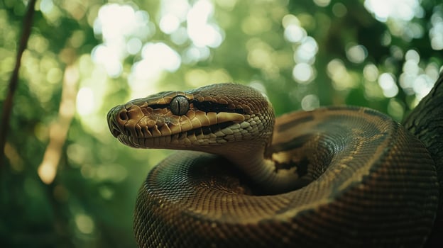 A snake is sitting on a branch in the forest photo