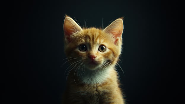 An orange kitten is looking up at the camera photo