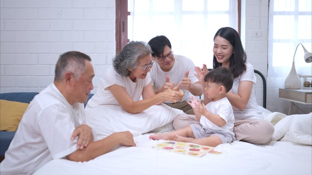 Before putting the kids to bed, parents, grandparents, and kid unwind and play,305 photo