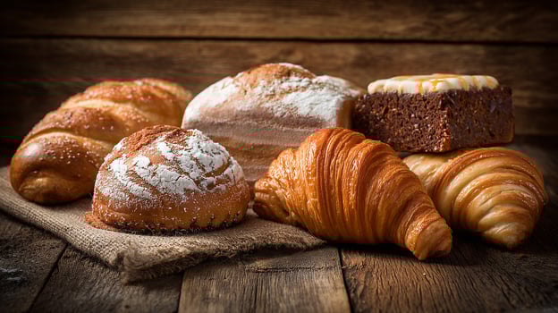 Bakery selection displayed on rustic wood image photo