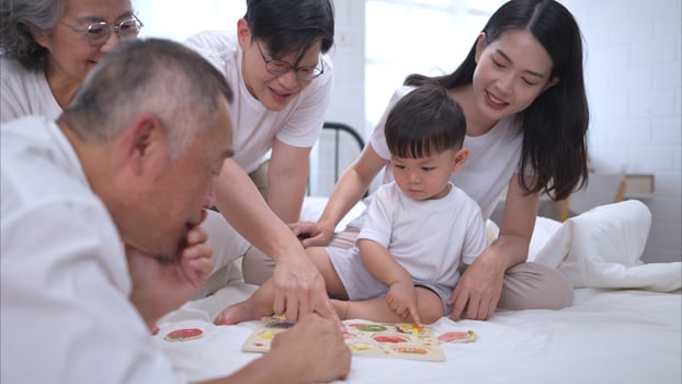 Before putting the kids to bed, parents, grandparents, and kid unwind and play,249 photo