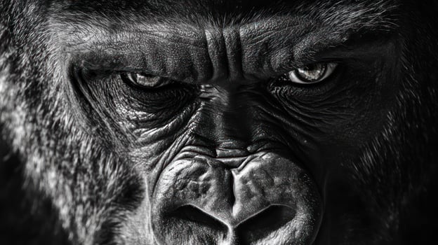 Close-up of a gorilla's face. Black and white, intense gaze photo