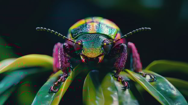 Close-up of a vibrant iridescent beetle perched on lush leaves photo