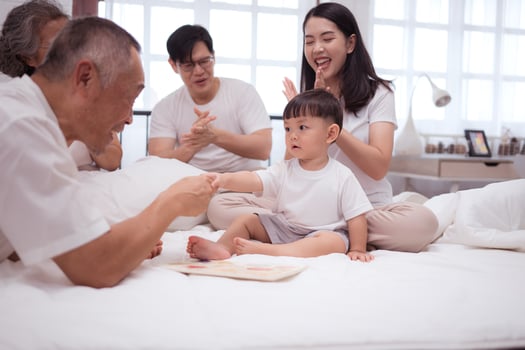 Before putting the kids to bed, parents, grandparents, and kid unwind and play in the bedroom,168 photo
