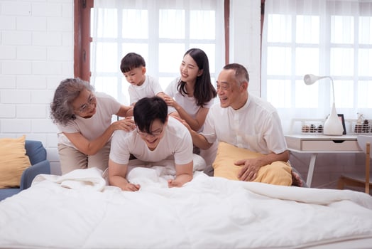 Before putting the kids to bed, parents, grandparents, and kid unwind and play in the bedroom,156 photo