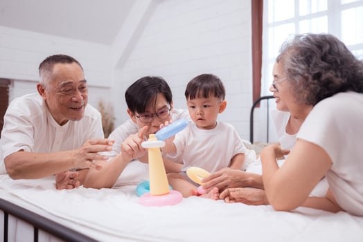 Before putting the kids to bed, parents, grandparents, and kid unwind and play in the bedroom,148 photo