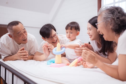 Before putting the kids to bed, parents, grandparents, and kid unwind and play in the bedroom,147 photo