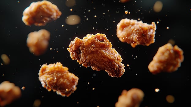 Crispy fried chicken wings in mid-air, with droplets and bokeh photo