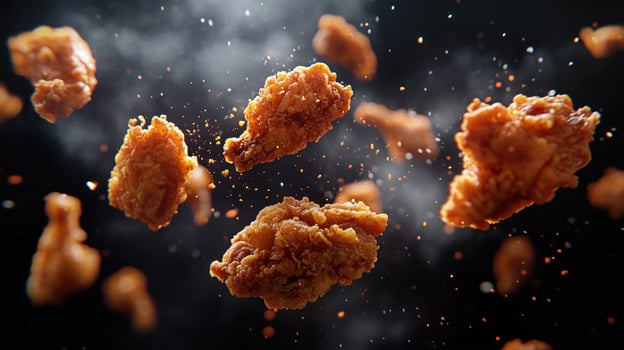 Crispy fried chicken pieces suspended in mid-air, amidst a burst of steam and spice, against a dark background photo