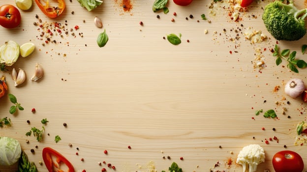 Colorful, fresh produce and spices arranged in a frame on a light wooden surface photo