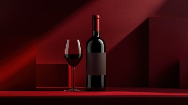 Red wine bottle and glass on a red surface, bathed in dramatic lighting photo