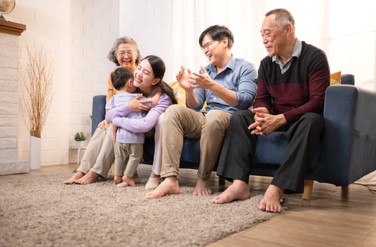 Happy multi-generational Asian family enjoying quality time together at home,35 photo