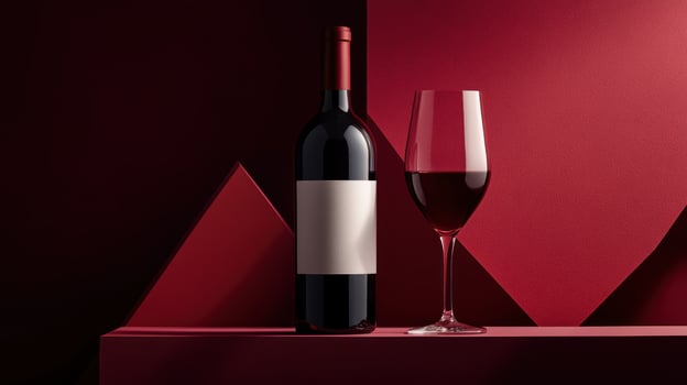 Red wine bottle and glass on a crimson surface. Geometric background photo