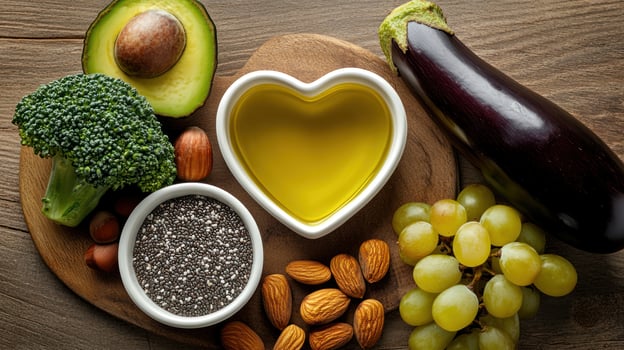 Heart-shaped oil bowl amidst healthy foods photo