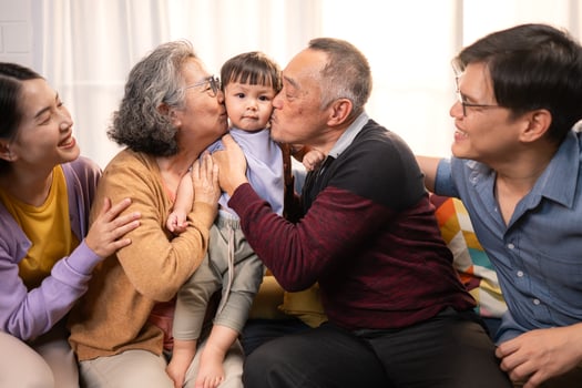 Happy multi-generational Asian family enjoying quality time together at home,14 photo
