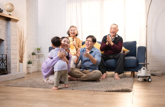 Happy multi-generational Asian family enjoying quality time together at home,8 photo