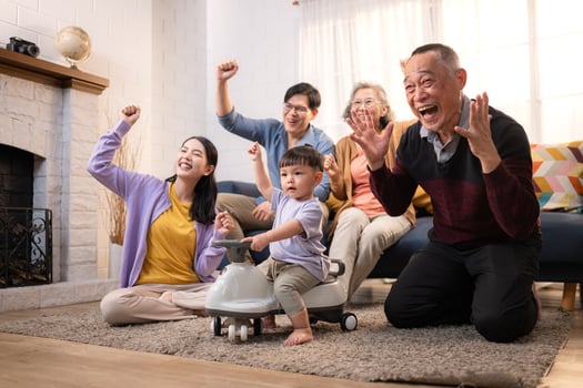 Happy multi-generational Asian family enjoying quality time together at home,7 photo