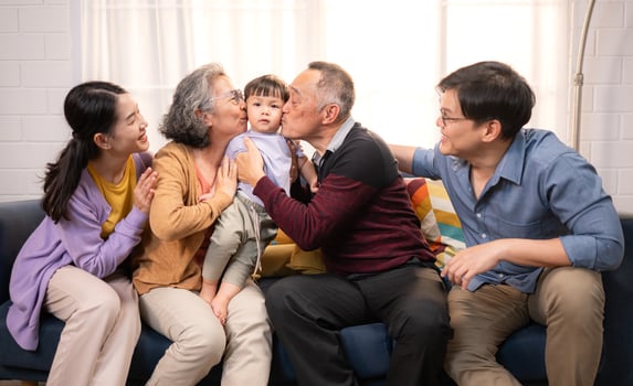 Happy multi-generational Asian family enjoying quality time together at home,6 photo