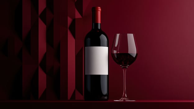 Red wine bottle and glass on a dark red surface, geometric background photo