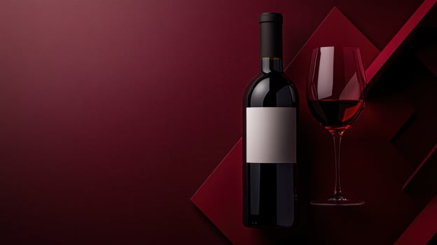 Red wine bottle and glass on a burgundy background photo