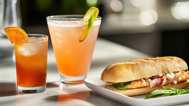 A sandwich and a drink on a table photo
