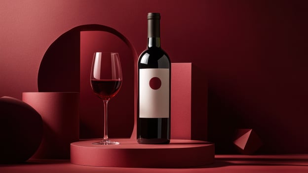 Red wine bottle and glass on a burgundy display photo