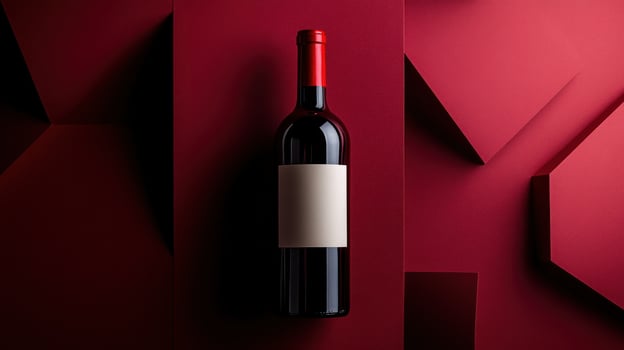 Red wine bottle on a deep red geometric background photo